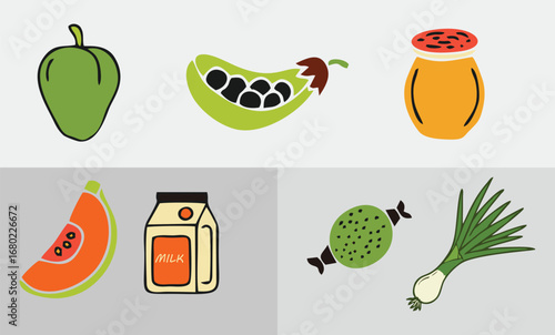 Stylized food illustrations in minimalist outline format, showcasing diverse ingredients from fruits to proteins