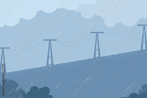 Moody vector landscape featuring utility poles along a sloped terrain under heavy rain and storm clouds.