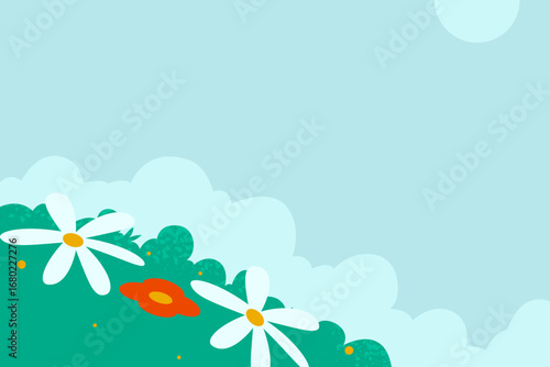 Playful vector scene of white daisies on a green hillside with soft clouds and generous copy space for text.