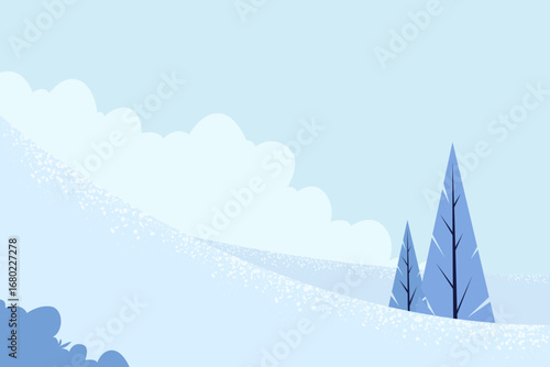 Clean vector winter panorama with blue snowy slopes, sparse conifer trees, and soft cloud formations.