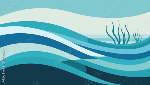 Serene abstract ocean waves illustration with subtle aquatic plant detail scalable vector graphic