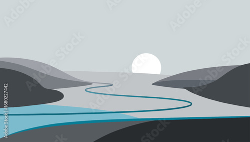 Serene river landscape with rising sun minimalist vector art and scalable illustration for nature themes