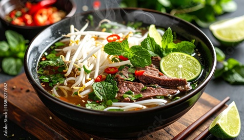 Steaming Bowl of Delicious Vietnamese Pho with Beef, Herbs, and Lime - A Culinary Delight