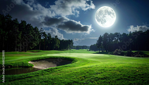 Dramatic night scene of a golf course illuminated by a radiant full moon