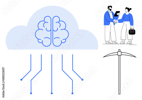 AI brain in cloud with data connections, professionals shaking hands, pickaxe tool. Ideal for AI, cloud services, data mining, teamwork, business technology partnerships. Simple flat metaphor