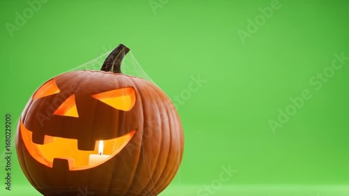 Green Screen Abstract & Backgrounds Festive Halloween Pumpkin with Candle and Spider Web on Green Background  Green Screen  Chroma Key