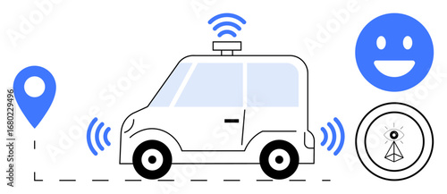 Self-driving car emitting signals, wireless, geolocation symbol, happy face, and data sensor icon. Ideal for smart technology, IoT, innovation, transportation connectivity autonomous systems