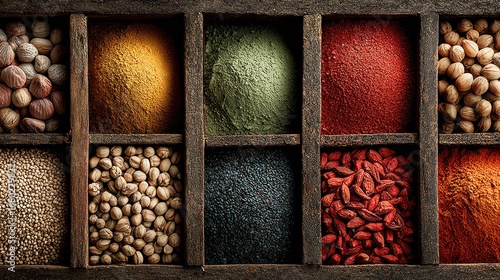 Fototapeta Naklejka Na Ścianę i Meble -  An assortment of colorful spices and herbs is neatly arranged within wooden boxes. This image captures the essence of culinary creativity and freshness.