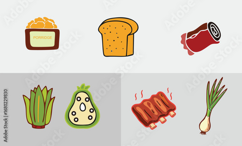 Stylized food illustrations in minimalist outline format, showcasing diverse ingredients from fruits to proteins