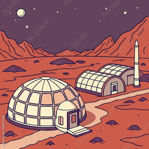 Illustration of a mars colony with dome structures, rocket, and mountainous background at night time view