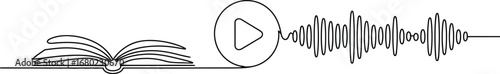 Open book with play button and sound wave audio