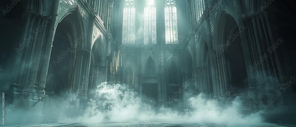 Obraz premium mysterious cathedral ruins with dramatic spotlight beams high resolution picture
