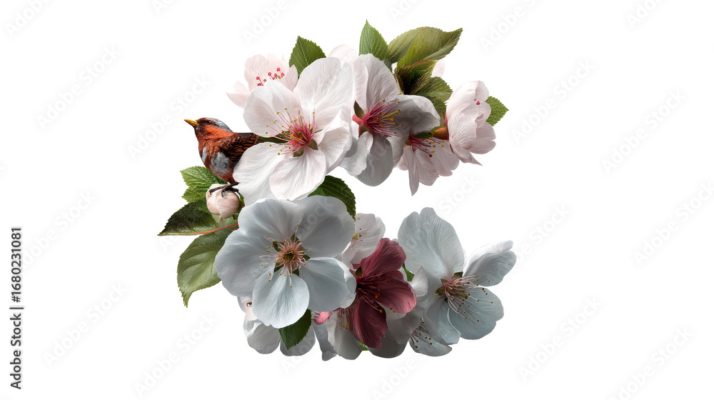 Fototapeta premium Small bird perched on blooming cherry blossom branches with green leaves, cut out transparent