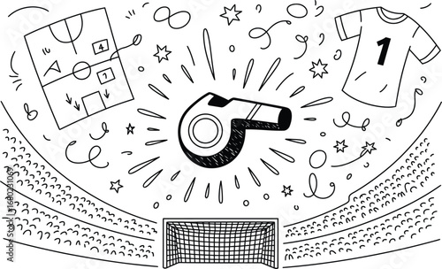 Soccer game elements with whistle and stadium football