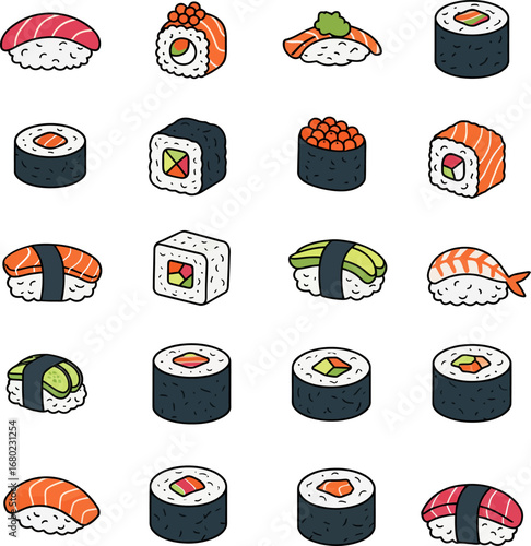 A colorful grid of cartoon-style sushi illustrations featuring nigiri, maki, sashimi, and more—highlighting ingredients like salmon, tuna, avocado, roe, and seaweed