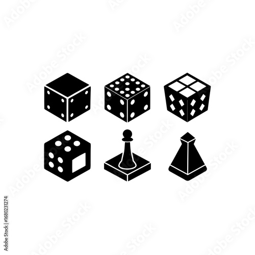 Vector Silhouettes of Game Pieces - Set of 6 Dice and Puzzle Icons