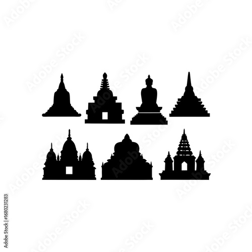Vector Silhouettes of Buddhist Temples and Stupas - Set of 7 Religious Architecture Icons