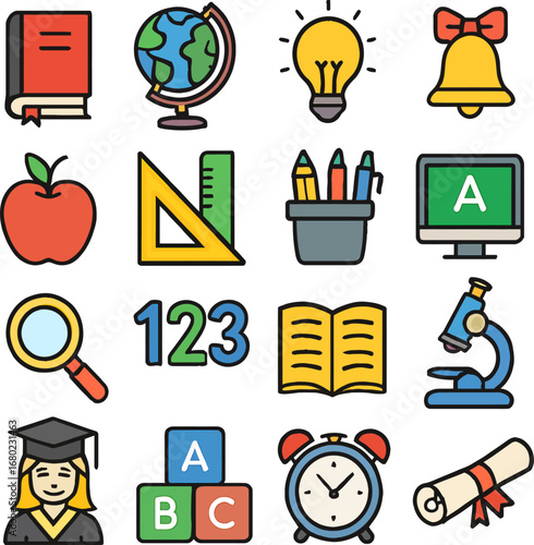 colorful school icons, including books, globe, light bulb, bell, apple, ruler, pencils, computer, microscope, clock, diploma, and graduation cap. vector illustration