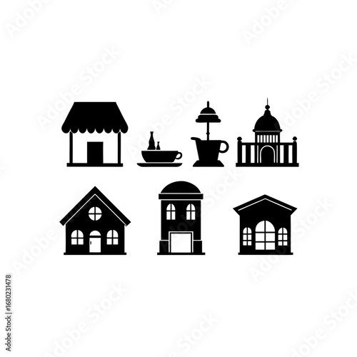 6 different caf  building silhouette vector icons 