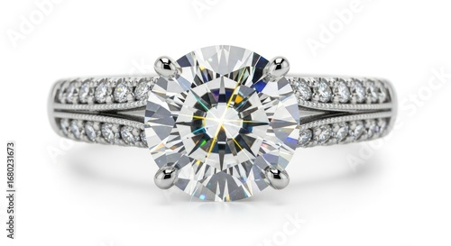 Elegant Round Cut Diamond Engagement Ring with Pave Band on White Background