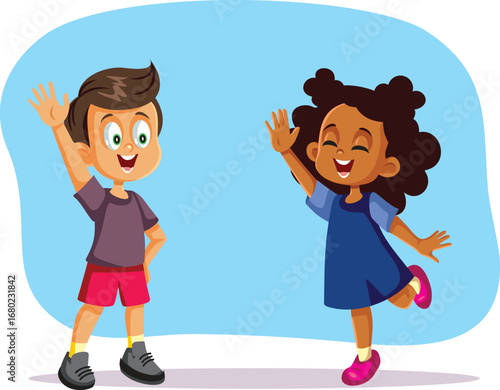 Kids Saluting Each other in a Polite Way Vector Cartoon Illustration. Girl and little colleague bonding being well raised having good manners  
