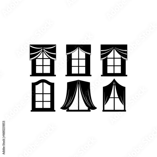 6 different colonial style window with fabric curt