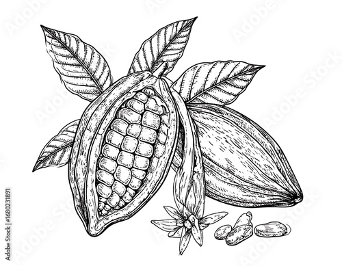 Detailed black and white illustration of cacao pods and leaves