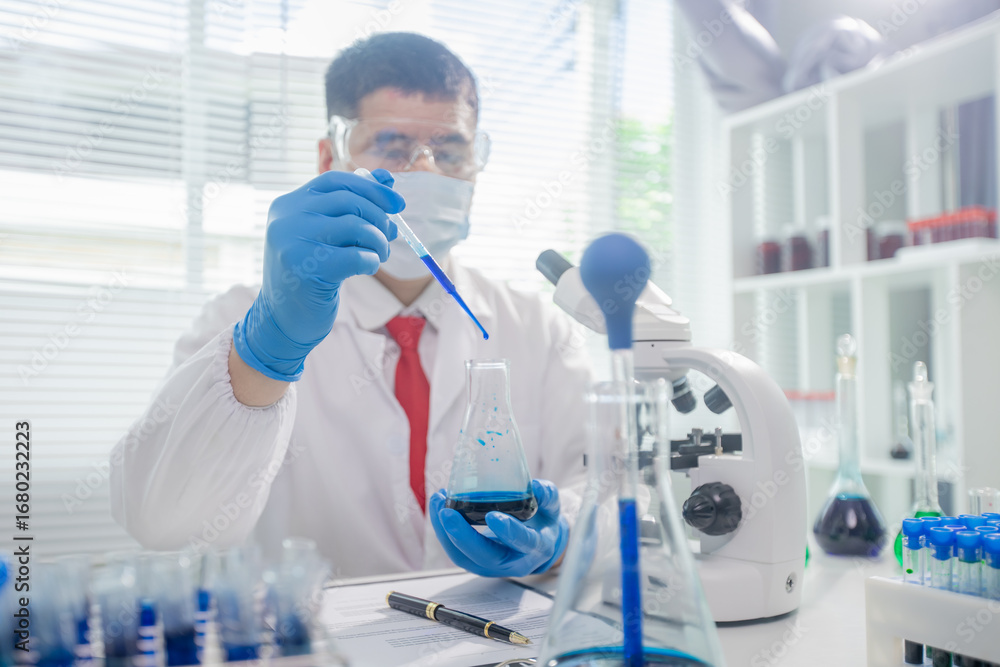 Fototapeta premium Scientists collaborating in laboratory, analyzing samples under microscope, conducting medical research and experiments for biotechnology, healthcare innovation, and scientific discovery. 