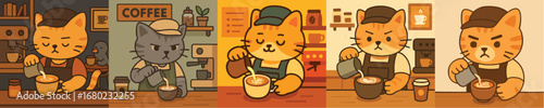 A cat who is a barista in a small coffee shop, complete with an apron, barista hat, and a serious expression perfect for making latte art