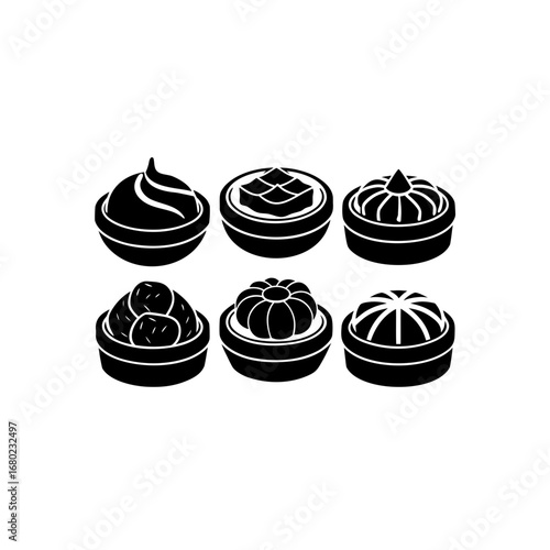6 different dim sum basket silhouette vector icons