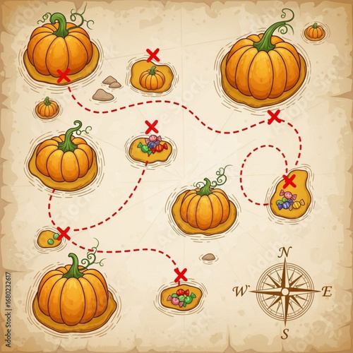 Pumpkin Treasure Map – Halloween Candy Hunt Vector Illustration with Pumpkins, Sweets, and Compass Rose