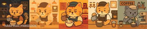 A cat who is a barista in a small coffee shop, complete with an apron, barista hat, and a serious expression perfect for making latte art