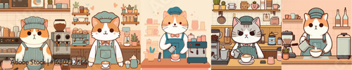 A cat who is a barista in a small coffee shop, complete with an apron, barista hat, and a serious expression perfect for making latte art
