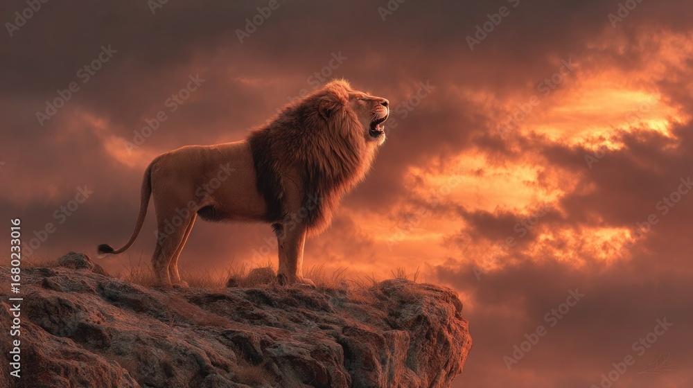 © ปฏิภาน ผดุงรัตน์ - A majestic lion roaring atop a cliff, silhouetted against a dramatic sunset © ปฏิภาน ผดุงรัตน์ - A majestic lion roaring atop a cliff, silhouetted against a dramatic sunset