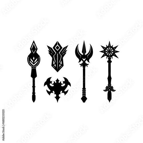 6 different fantasy weapon ornament silhouette vec
