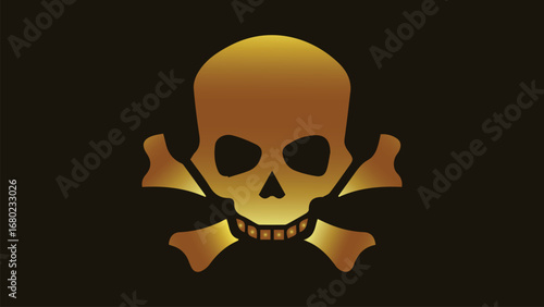 Skull and crossbones, Jolly roger, Golden skull, Danger symbol. Pirate flag. Death icon. Poison warning. Halloween graphic. Metallic emblem. Luxury design.
Golden Skull and Crossbones Icon on Black. 
