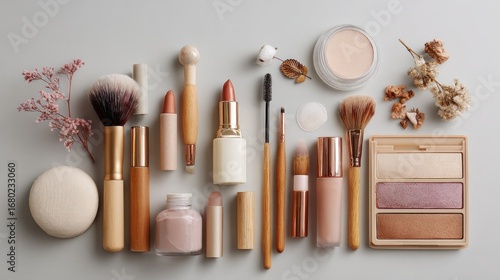 A beautiful arrangement of makeup products and brushes, perfect for a beauty enthusiast's collection. The close-up shot captures the textures and colors of cosmetics 