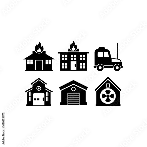 6 different fire station silhouette vector icons s