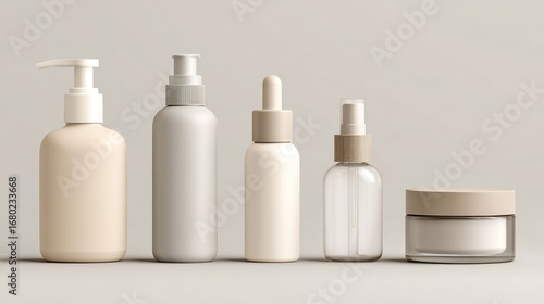 Cosmetic product set in various bottles, perfect for beauty and skincare. Featuring skincare bottles and jars, these elements add a touch of sophistication to any visual project. 
