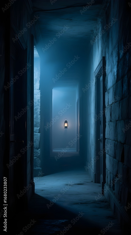 Obraz premium Dark and Spooky Hallway with a Floating Lantern