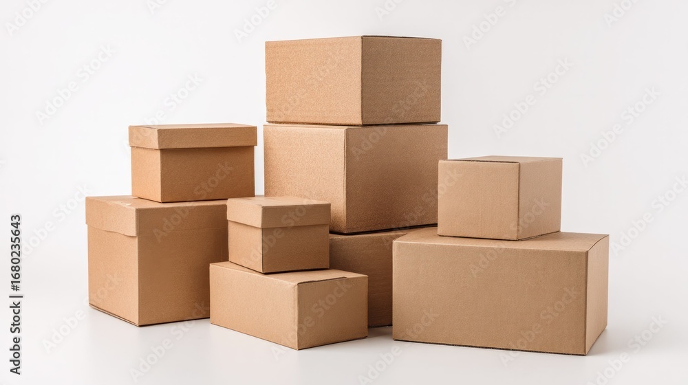 Fototapeta premium A stack of various sized cardboard boxes. The boxes are of different sizes and shapes, creating an interesting arrangement