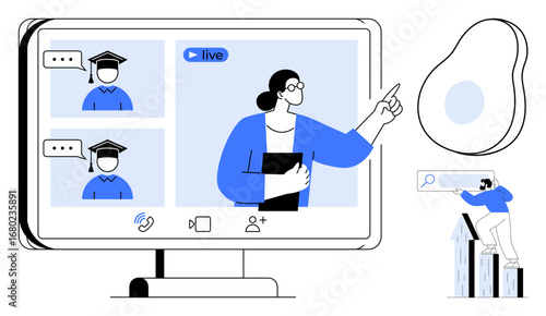 Teacher conducting live video class with students on a desktop screen, showcasing remote education. Ideal for e-learning, communication, collaboration, empowerment, online training, education, simple