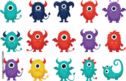 Set of colorful cartoon monsters with one eye, playful fantasy creatures, cute digital illustration, kids’ fun vector art, unique characters collection, horns and tails design