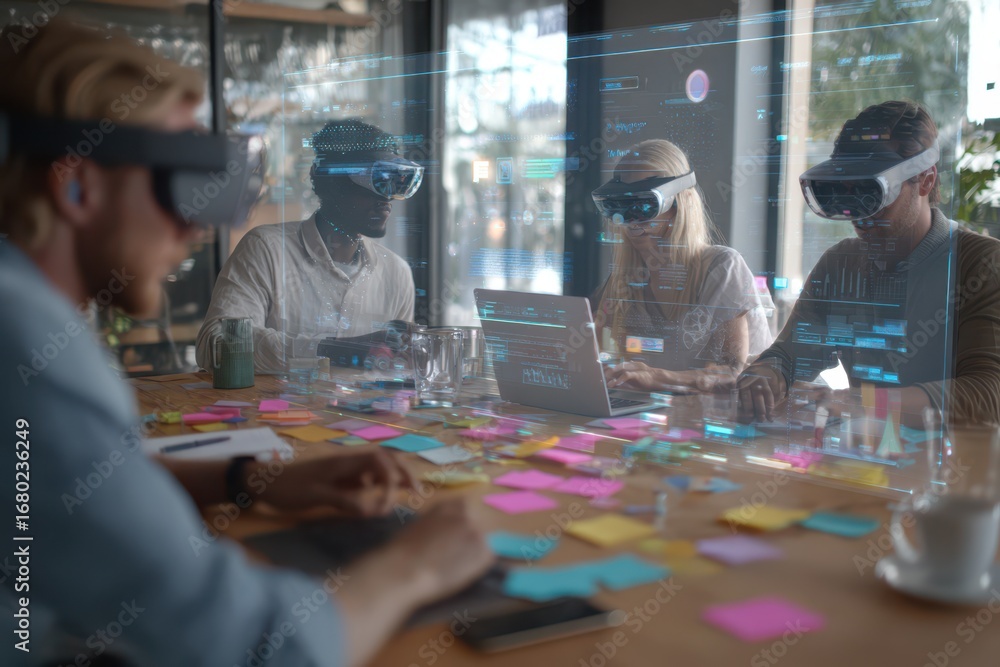 Fototapeta premium Team of young professionals wearing virtual reality headsets collaborating at a modern office table with laptops, sticky notes, and holographic digital interface projections