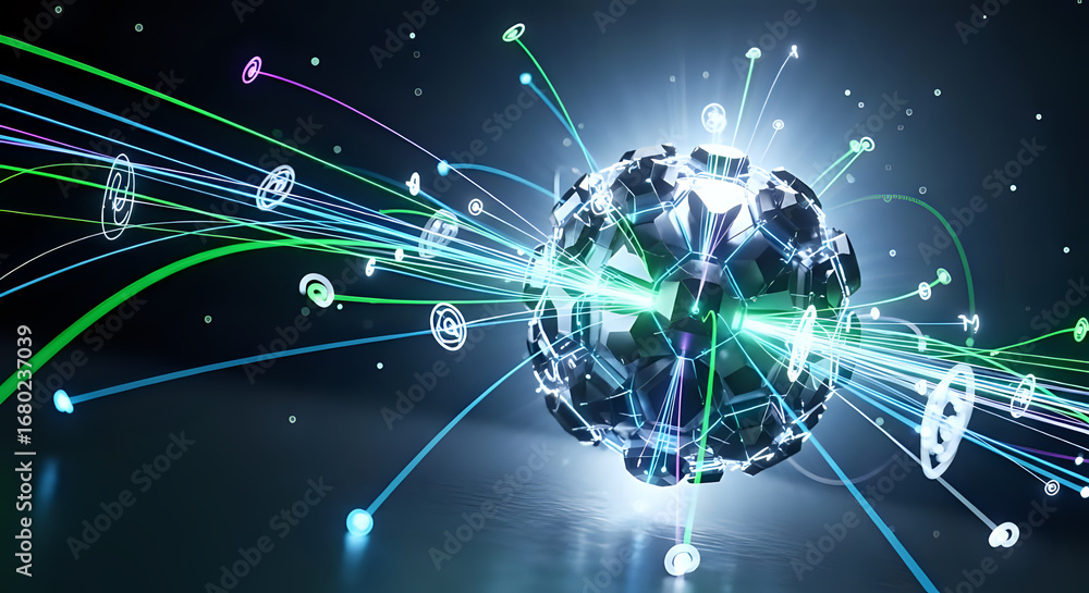 Obraz premium Dynamic 3D data sphere with connecting lines representing global network, innovation, and futuristic technology
