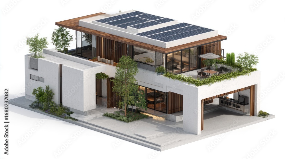 Fototapeta premium Modern eco-friendly house with solar panels and sustainable design