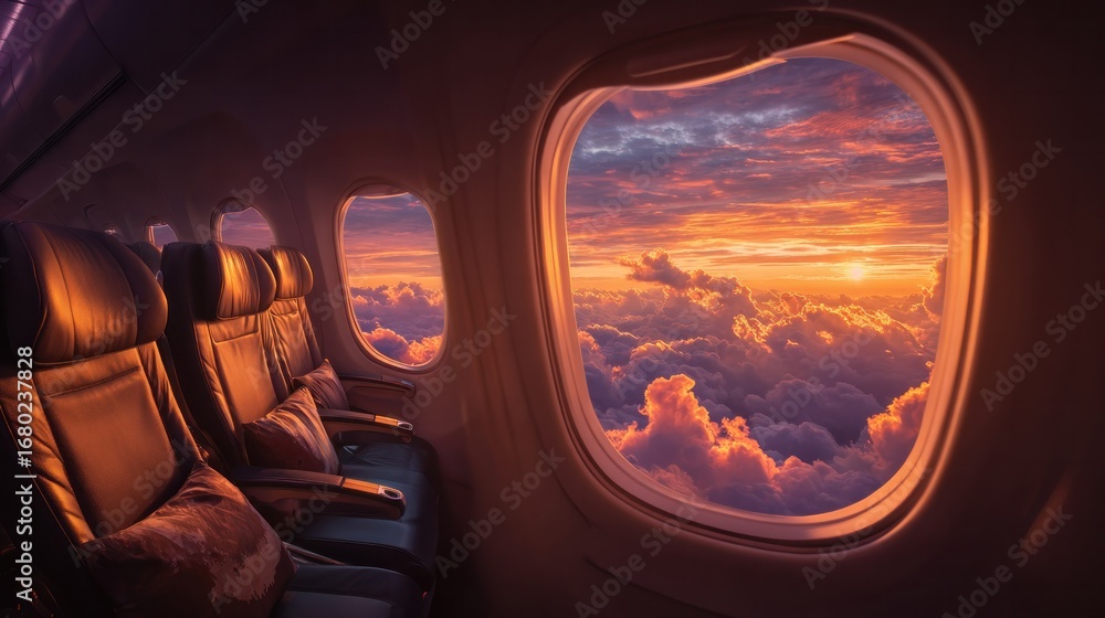 Naklejka premium A view from inside a plane, capturing a stunning sunset through the windows