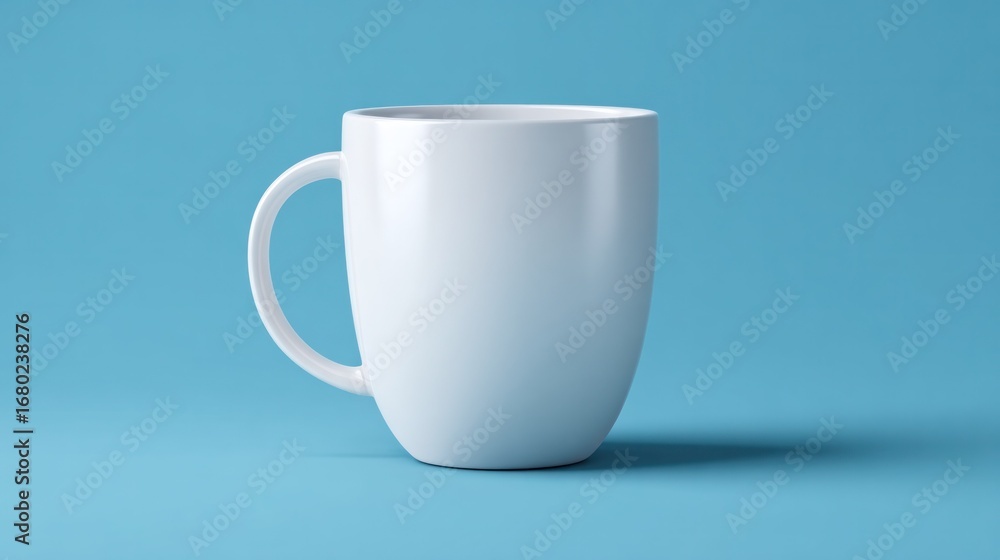 Obraz premium A clean, simple, and elegant white mug, perfectly positioned with a shadow. The mug sits on a light blue background