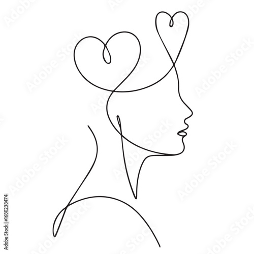 Minimalist one line art of woman profile with heart shapes for modern, abstract, and romantic design