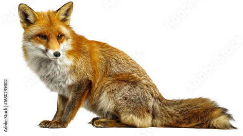 Red fox with detailed fur sits isolated on a clean white background, cut out transparent
